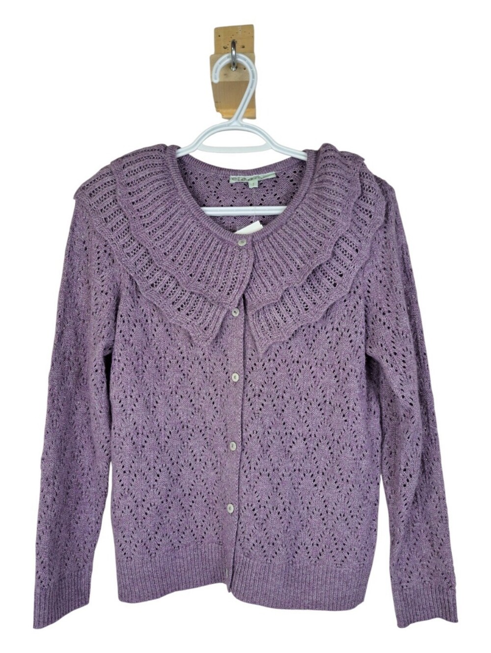 Cleo Petites Purple Open Stitch Ruffled Collar Button Down Cardigan Sweater S